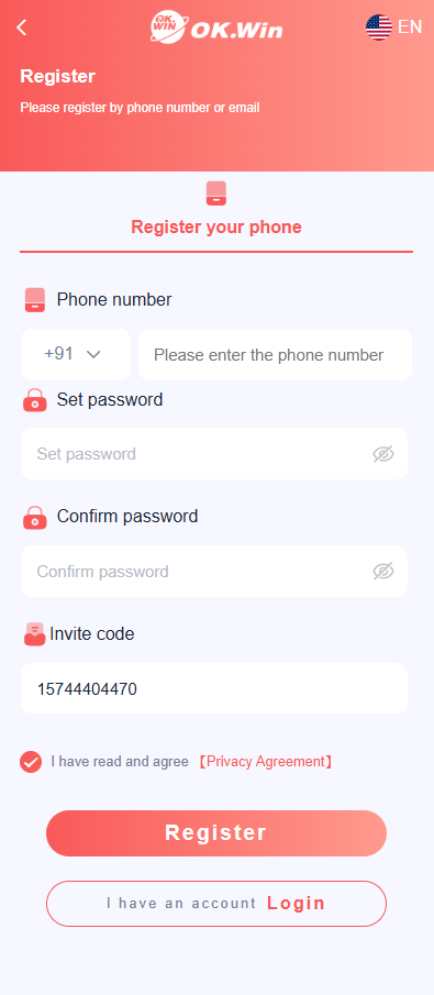 Ok Win Login screen — Mobile number and password input fields with Login button and Forgot Password option